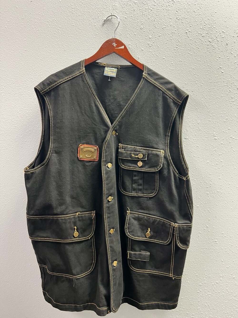 Vintage 90s Karl Kani Denim Vest Jacket Black Jean Multi Pocket Large Tupac 0115